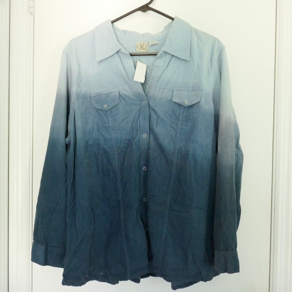 Vintage DCC womens ombre blue corduroy button down shirt tab sleeves size 18/20